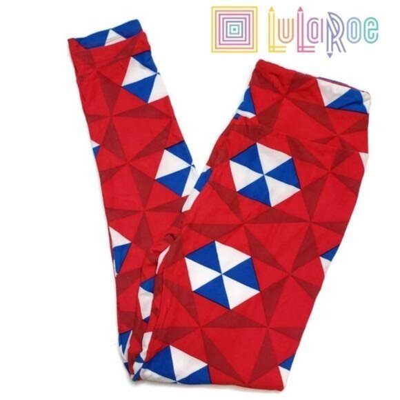LuLaRoe Geometric Red & Blue Leggings One Size zombie umbrella halloween - Picture 1 of 3